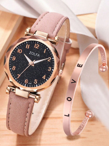 ساعة كوارتز دلئري مع قطعة سوار مفتوح وردي