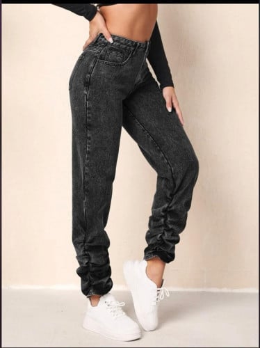 بنطلون جينز خصر عالي بطيات