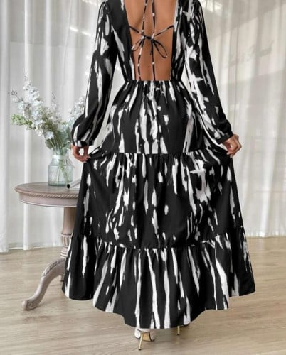 فستان طباعة النقش حافة مكشكشة