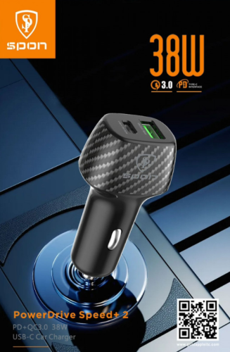 شاحن سيارة بمنفذين PD - USB قوة 38 W ماركة SPON