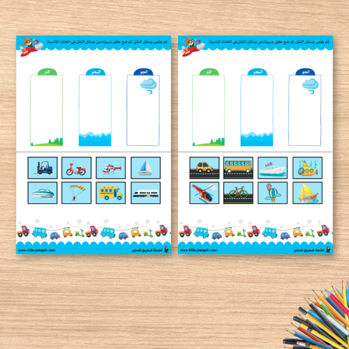 نشاط هل يمشي في البر أم البحر أم الجو : التمييز بين وسائل النقل و تعلم أسمائها