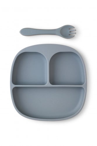 صحن سيلكون للاطفال مقسم مع شوكة - نسج