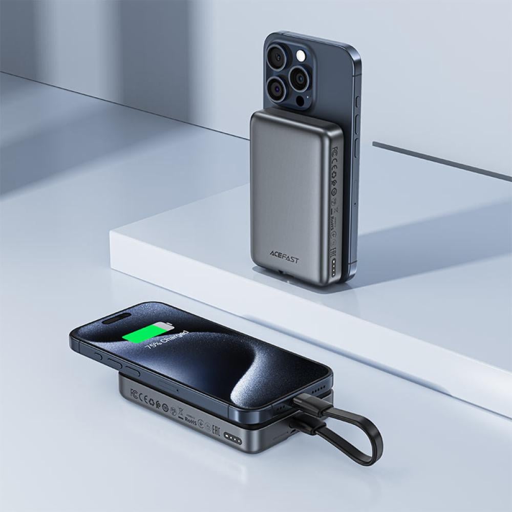 بطارية ماج سيف AceFast M10 بقوة 30 واط بسعة 10000 ملي امبير منفذ تايب سي مع سلك تايب سي الى تايب سي - اسود