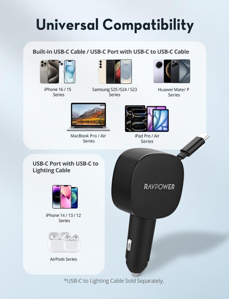 شاحن سيارة راف باور بقوة 75 واط بمنفذ تايب سي ومنفذ يو اس بي مع سلك مدمج تايب سي