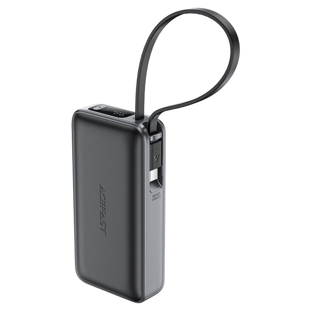 بطارية AceFast بقوة 30 واط بسعة 10000 ملي امبير بمنفذ تايب سي ومنفذ يو اس بي مع سلك مدمج تايب سي - اسود