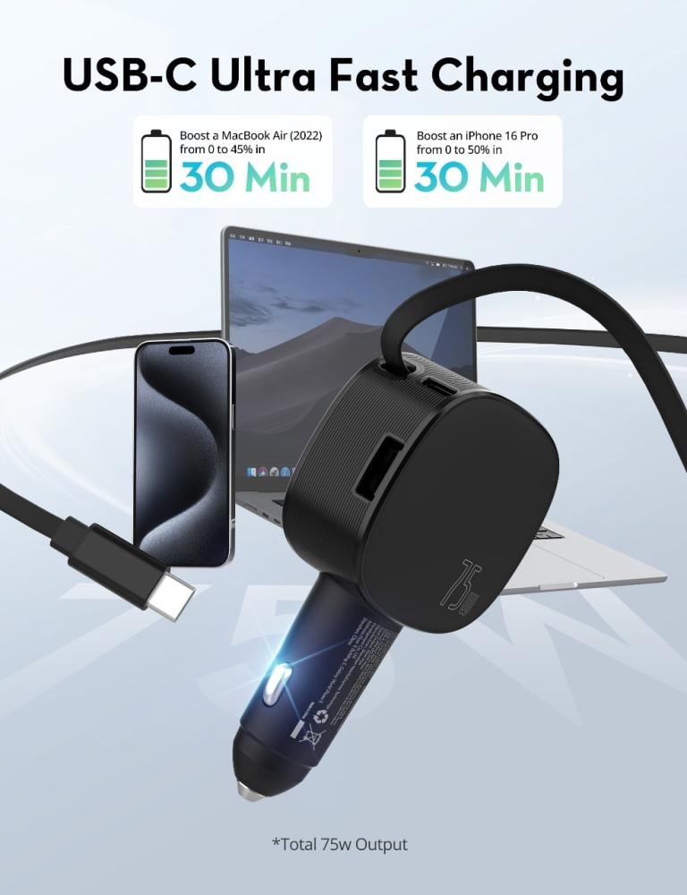 شاحن سيارة راف باور بقوة 75 واط بمنفذ تايب سي ومنفذ يو اس بي مع سلك مدمج تايب سي