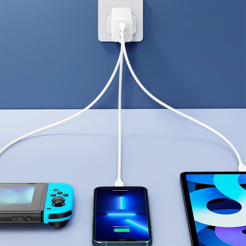 RAVPower Pioneer 65W Wall Charger, 2 USB-C Ports and 1 USB-A Port - White