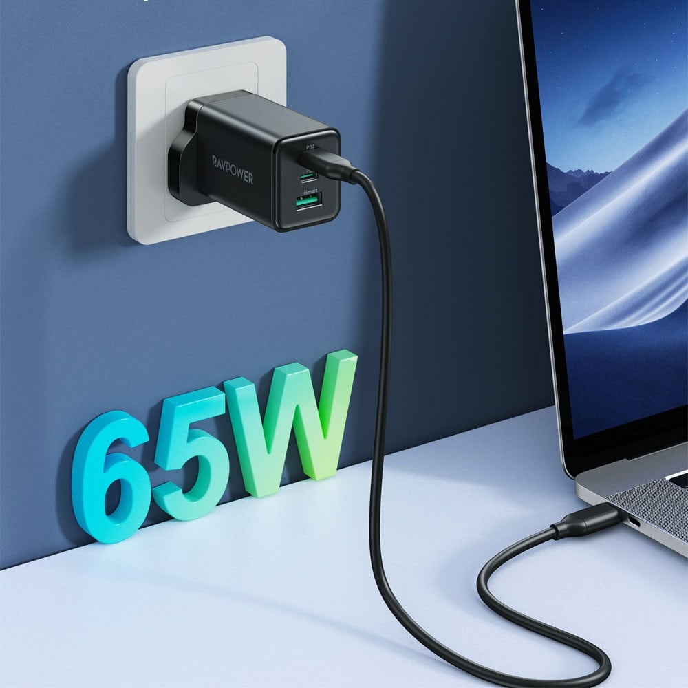 RAVPower Pioneer 65W Wall Charger, 2 USB-C Ports and 1 USB-A Port - Black