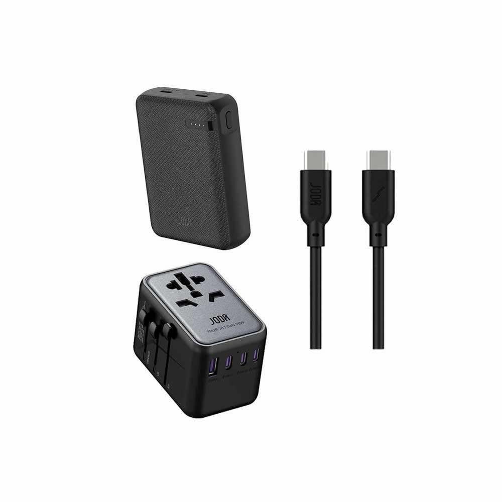 بكج JODA بطارية متنقلة نانو بقوة 20 واط بسعة 10000 ملي امبير منفذين تايب سي + فيش سفر متعدد المداخل بقوة 70 واط اربع منافذ تايب سي و منفذ يو اس بي + سلك تايب سي الى تايب سي 1 متر بقوة 60 واط - اسود
