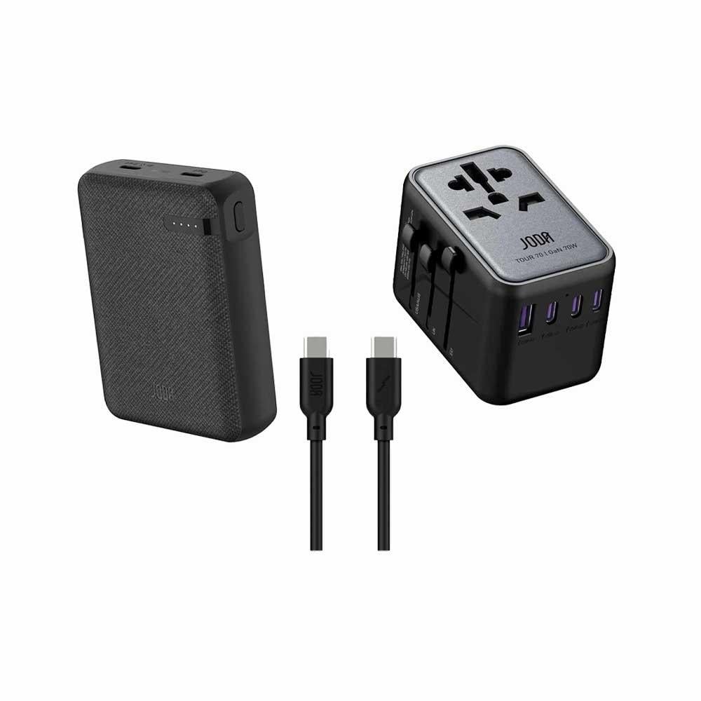 بكج JODA بطارية متنقلة نانو بقوة 20 واط بسعة 10000 ملي امبير منفذين تايب سي + فيش سفر متعدد المداخل بقوة 70 واط اربع منافذ تايب سي و منفذ يو اس بي + سلك تايب سي الى تايب سي 1 متر بقوة 60 واط - اسود
