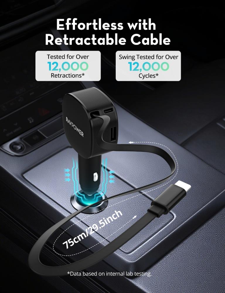 شاحن سيارة راف باور بقوة 75 واط بمنفذ تايب سي ومنفذ يو اس بي مع سلك مدمج تايب سي