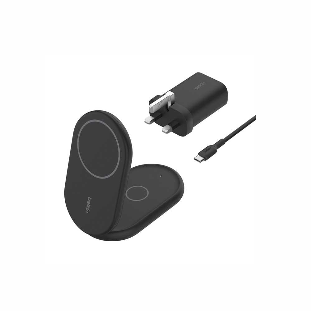 شاحن لاسلكي بيلكن Qi2 مغناطيسي للجوال و السماعة 2 في 1 قابل للطي بقوة 15 واط - اسود