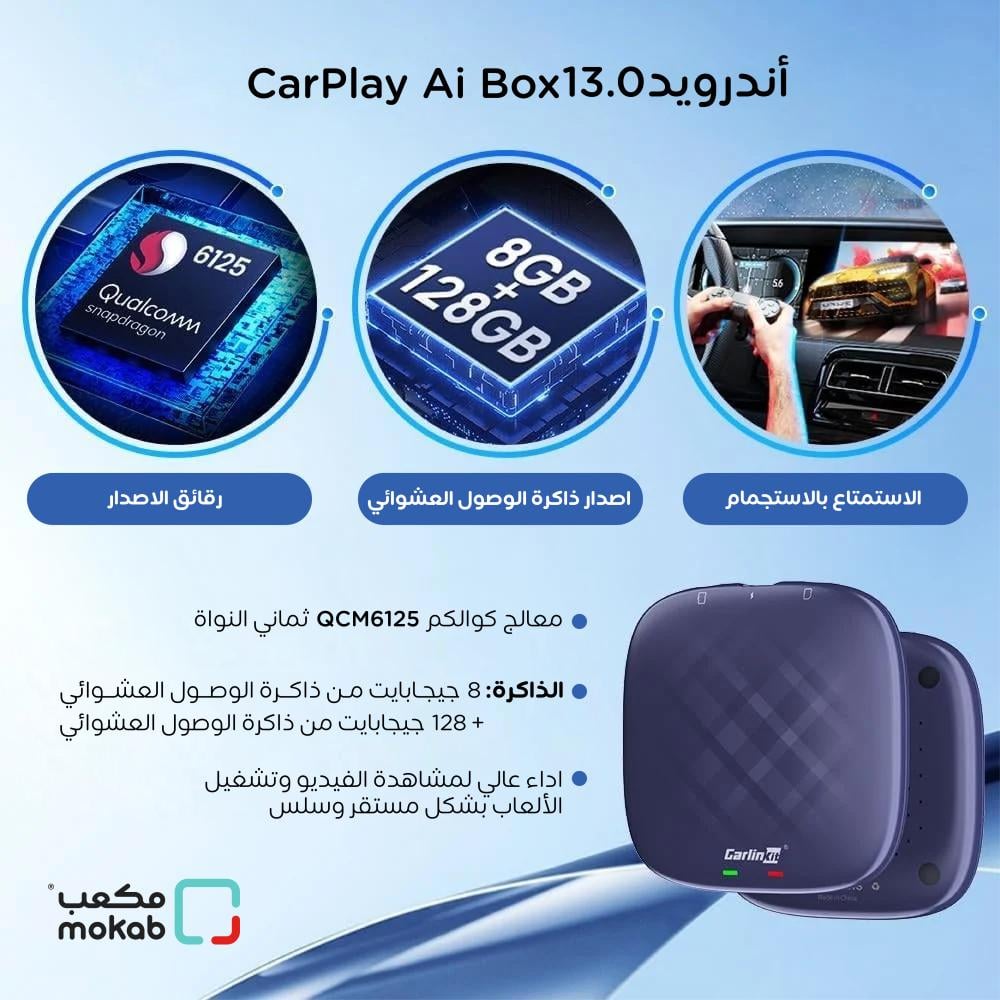 كارلينكيت مشغل Carplay لاسلكي نظام اندرويد 13 بسعة 128GB مع 8GB ذاكرة عشوائية يدعم 4G LTE