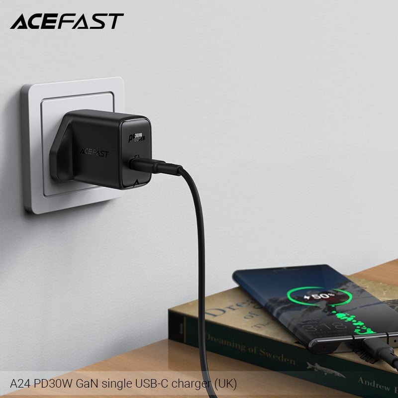 شاحن جداري AceFast A24 بقوة 30 واط منفذ تايب سي - اسود