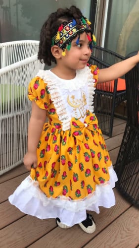 فستان بناتي برتقالي قماش شالكي بتصميم فخم وانيق مع...