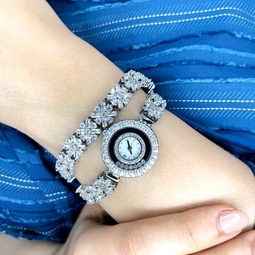 ساعة نسائية زركون لامع مع ضمان سنة