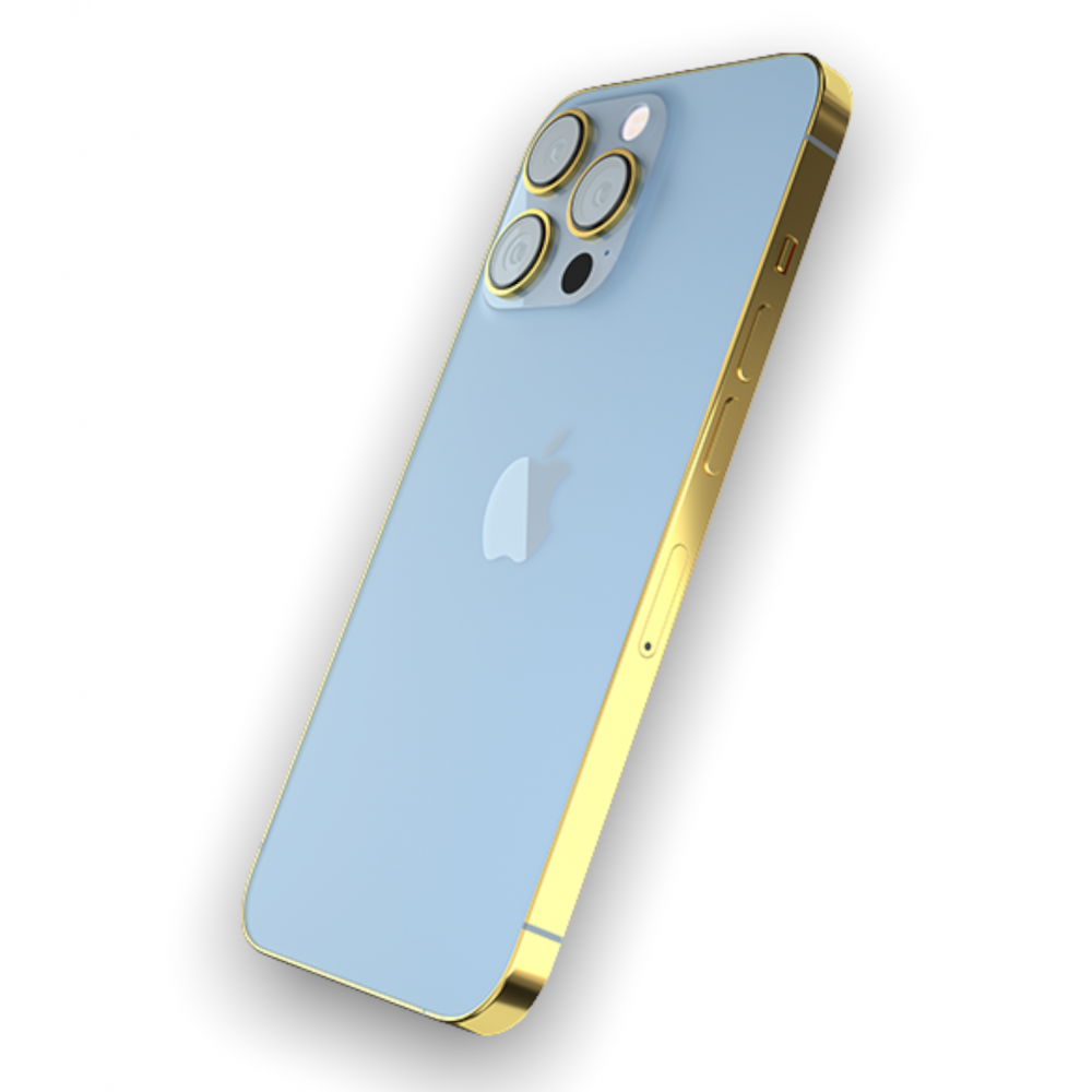 ايفون 13 برو ماكس ازرق سماوي مطلي ذهب من الاطراف وحواف الكاميرا | iPhone 13  Pro Max Sierra Blue 24Kt Gold Plated - متجر RIVALO