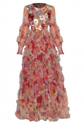 فستان احمر طويل بتطريز زهور