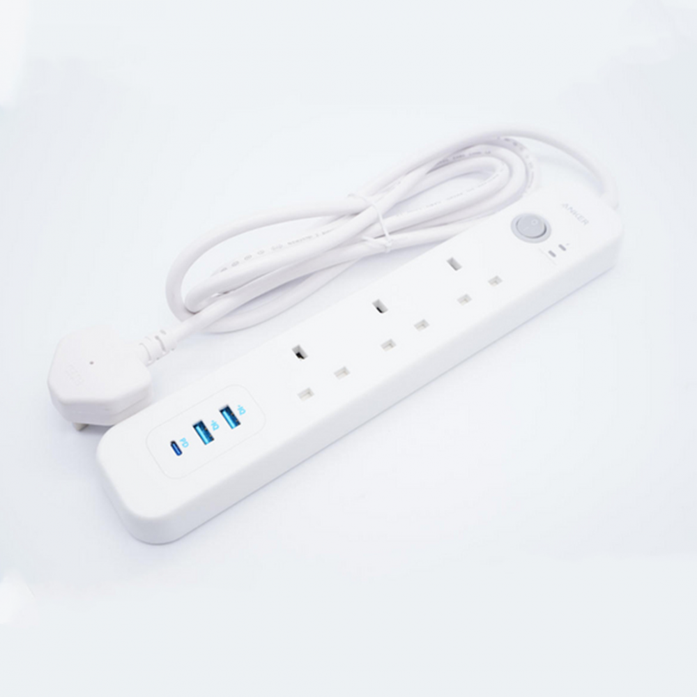 انكر - توصيلة 3 منافذ طاقة ومنفذين USB + بي دي - ابيض