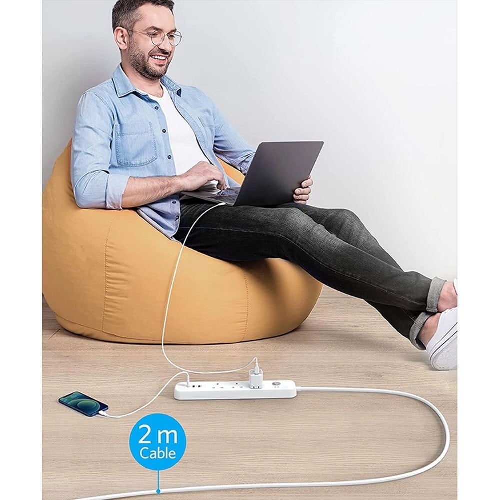 انكر - توصيلة 3 منافذ طاقة ومنفذين USB + بي دي - ابيض