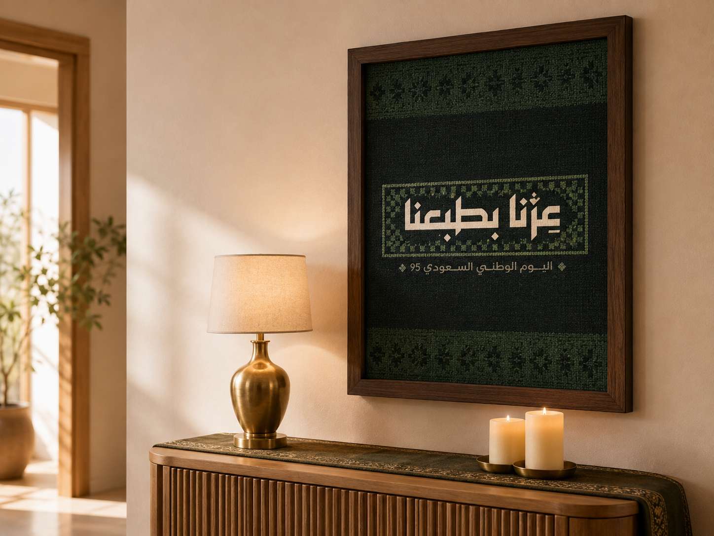 أفكار ديكور اليوم الوطني 96 لركن صالة بمفرش أخضر زيتي وشموع ذهبية