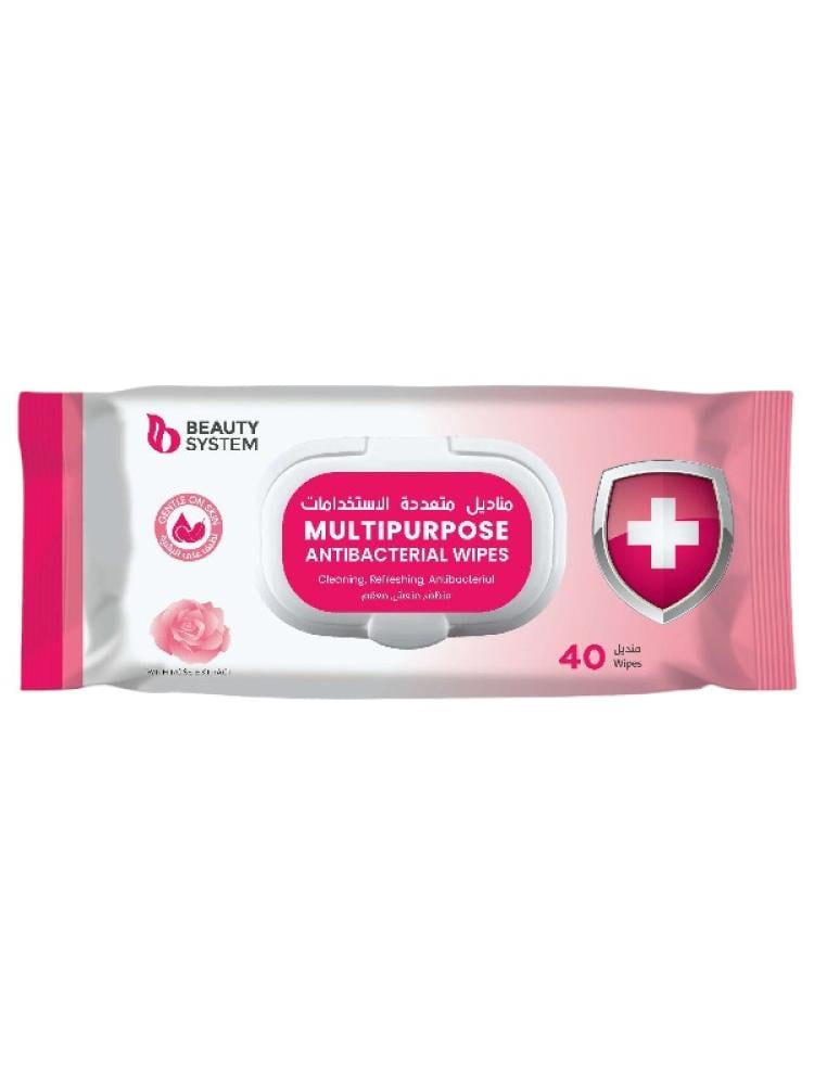 Beauty System - Antibacterial Multipurpose Wipes with Rose Extract - 40 Wipes