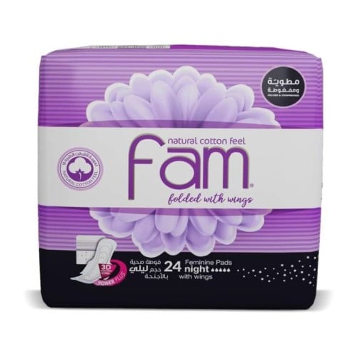 Fam - Night size sanitary napkins with wings, 24 pads