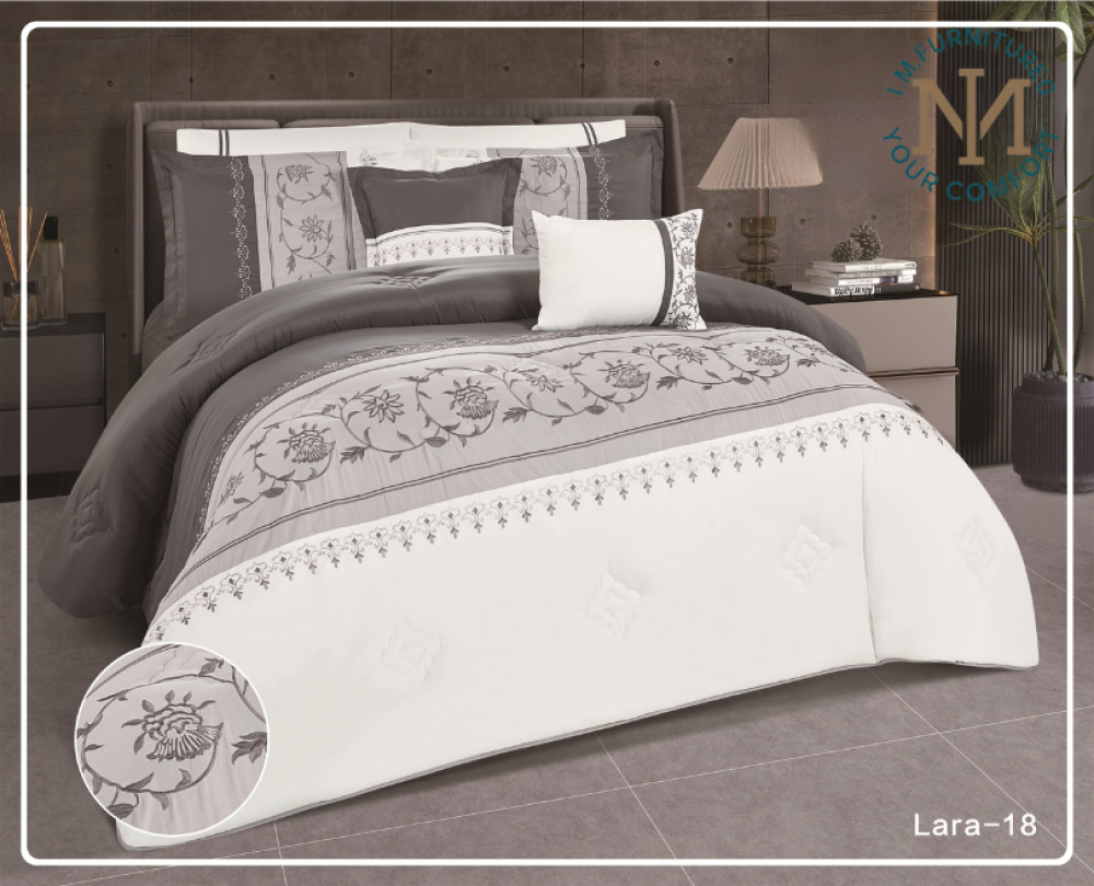 مفرش لارا مطرز بالكامل -مزدوج- ابيض مخطط رصاصي