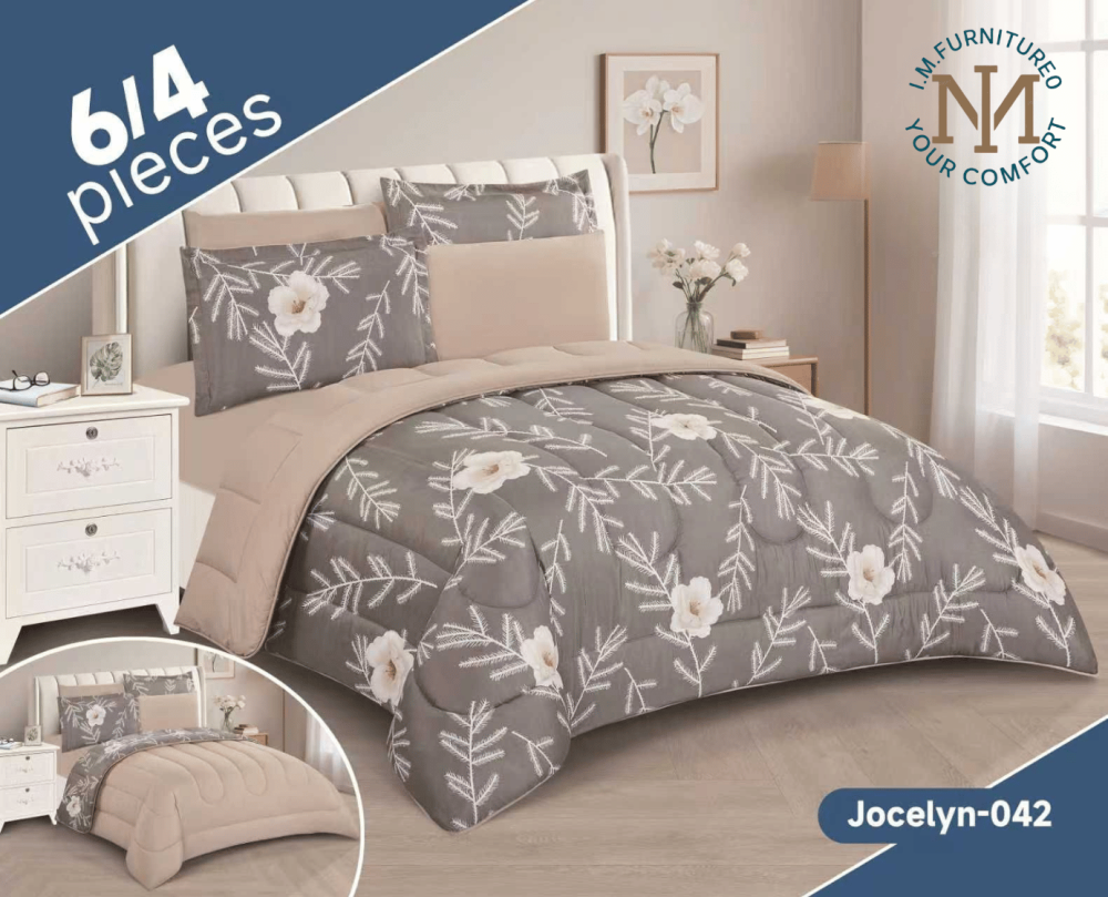 مفرش جوسلين الصيفي-042-رمادي غامق مزين بنقوش زهور بيضاء وأوراق فاتحة مع لحاف بلون بيج فاتح