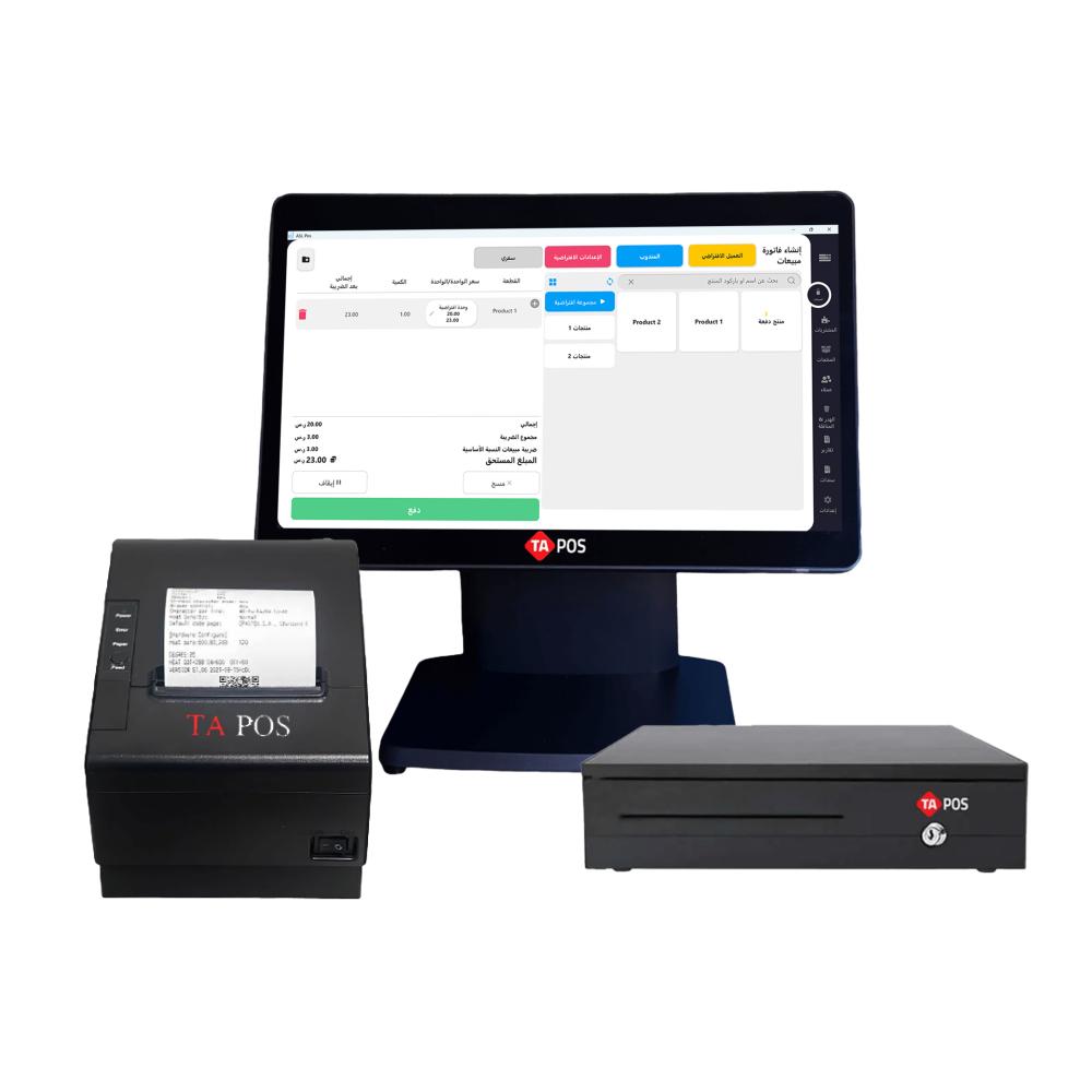 TA-POS Core i5 cash register with TA-POS 900U USB thermal receipt printer and integrated cash drawer, part of the advanced Asl accounting system package