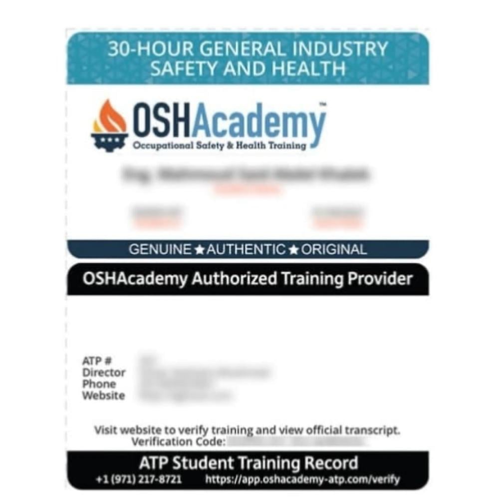شهادة دولية من OSHAcademy + كرت الاجتياز ( البطاقة مع العضوية)