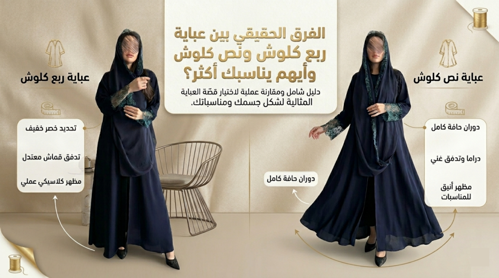 الفرق الحقيقي بين عباية ربع كلوش ونص كلوش وأيهم يناسبك أكثر؟