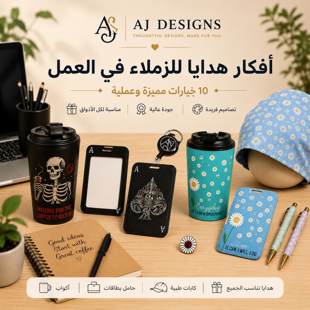 هدايا للزملاء في العمل تشمل قبعة طبية وحامل بطاقة وأقلام من AJ Designs