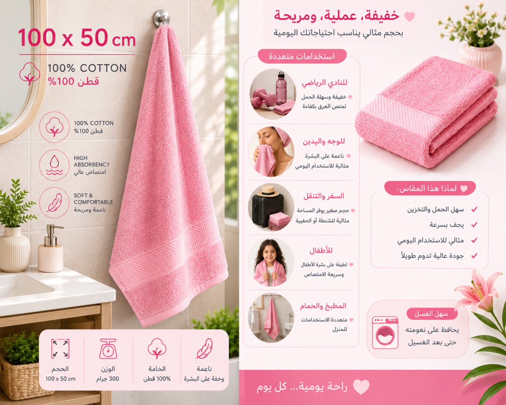 مناشف رياضية قطن فاخر 4 قطع وسط مقاس 100سم*50سم