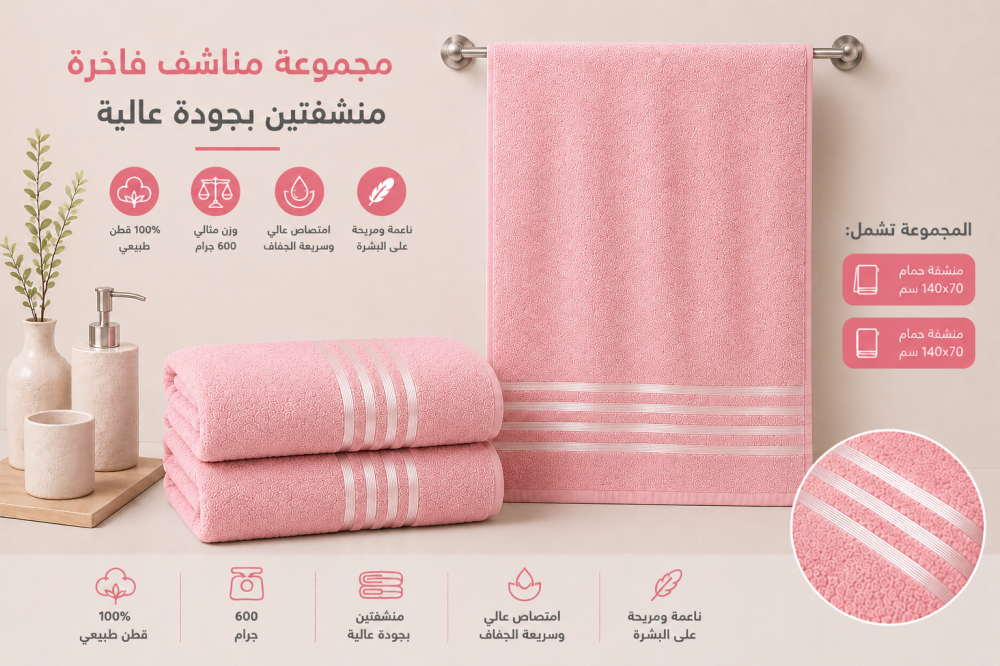 طقم مناشف روز كبير2 قطعة فاخر قطن 100% الوزن 600جم المقاس 140*70 سم