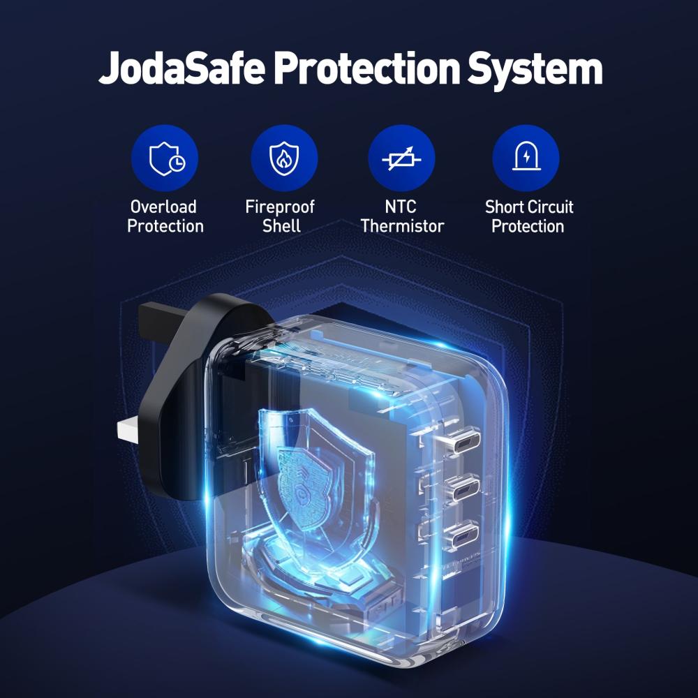 جودا - شاحن جداري DICE 100 GaN بقوة 100W بثلاثة منافذ USB-C - اسود