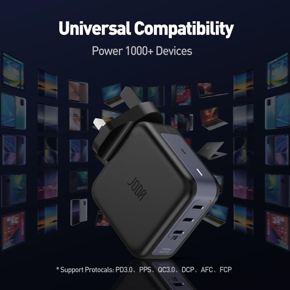 جودا - شاحن جداري DICE 100 GaN بقوة 100W بثلاثة منافذ USB-C - اسود