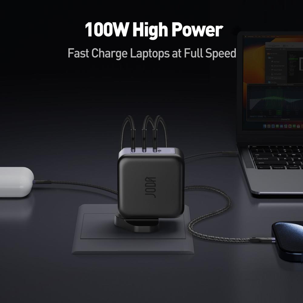 جودا - شاحن جداري DICE 100 GaN بقوة 100W بثلاثة منافذ USB-C - اسود