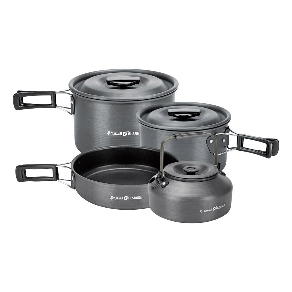 طقم اواني الومنيوم للتخييم والهايكنج 4 قطع - خفيفة وسهلة الحمل، تنظيف سريع، متعددة الاستخدامات،ضمان سنتان