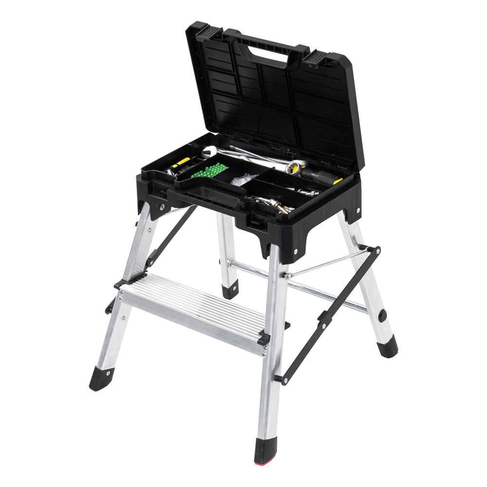 سلم مع صندوق عدة 43.3* 42.4 سم- يتحمّل وزن عالي، سهل الحمل والتخزين، يوفر تنظيم الأدوات مع السلم،ضمان سنتان