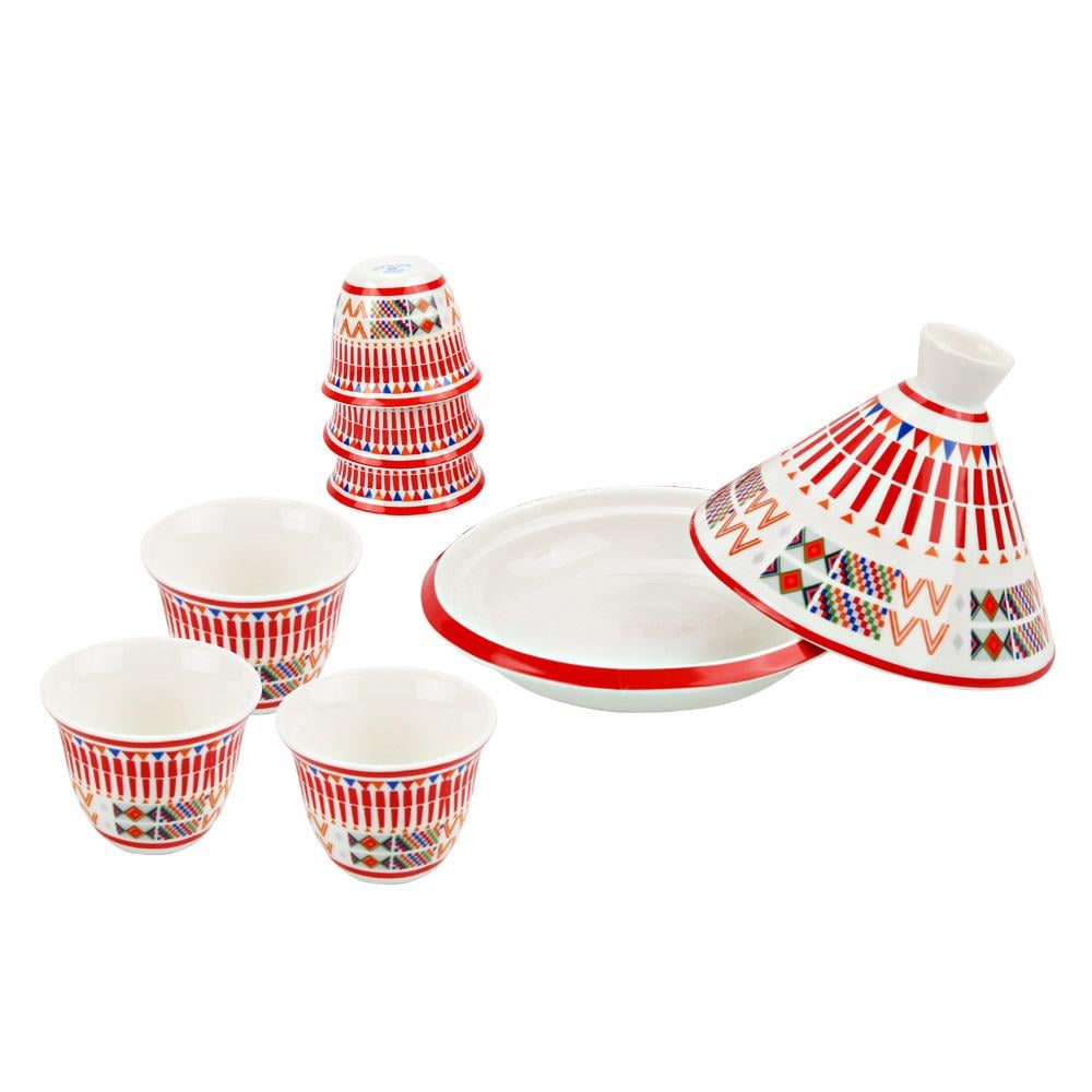 طقم ضيافة سيراميك 8 قطع - متين وخفيف الوزن، سهل التنظيف، تصميم أنيق يضفي طابع تراثي،ضمان سنتان