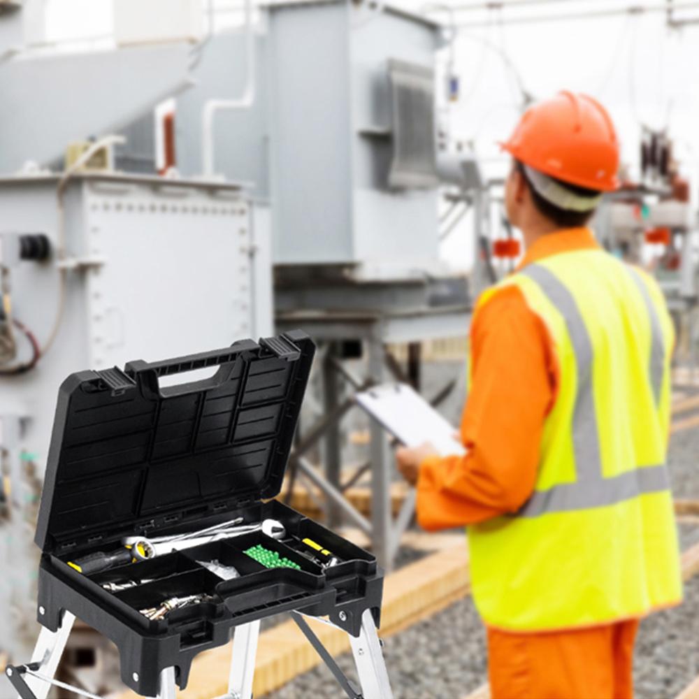 سلم مع صندوق عدة 43.3* 42.4 سم- يتحمّل وزن عالي، سهل الحمل والتخزين، يوفر تنظيم الأدوات مع السلم،ضمان سنتان