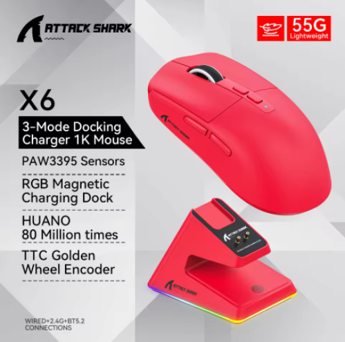 ماوس ATTACK SHARK X6، اتصال بلوتوث ثلاثي الوضع PAW...