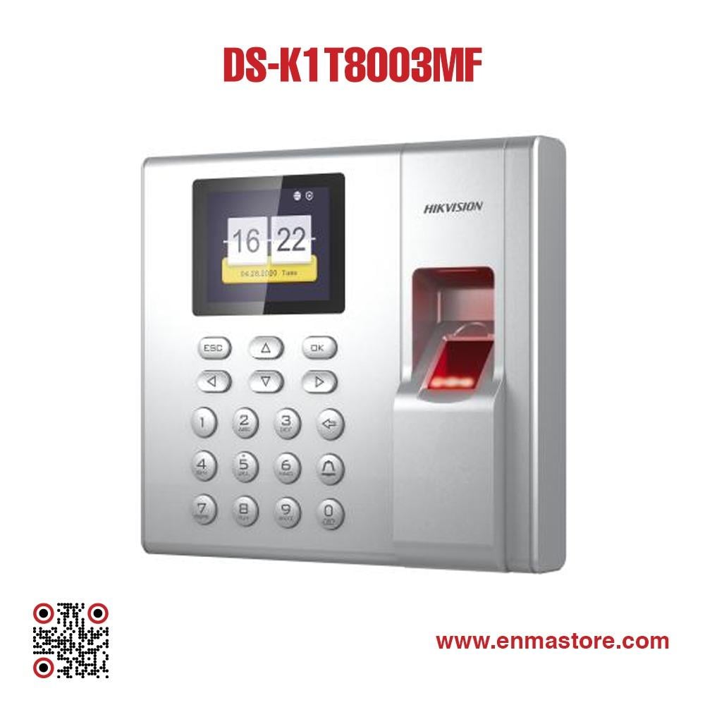 جهاز تحكم الدخول هيكفيجن DS-K1T8003MF – بصمة، بطاقة ميفار، ولوحة مفاتيح للحضور والإنصراف