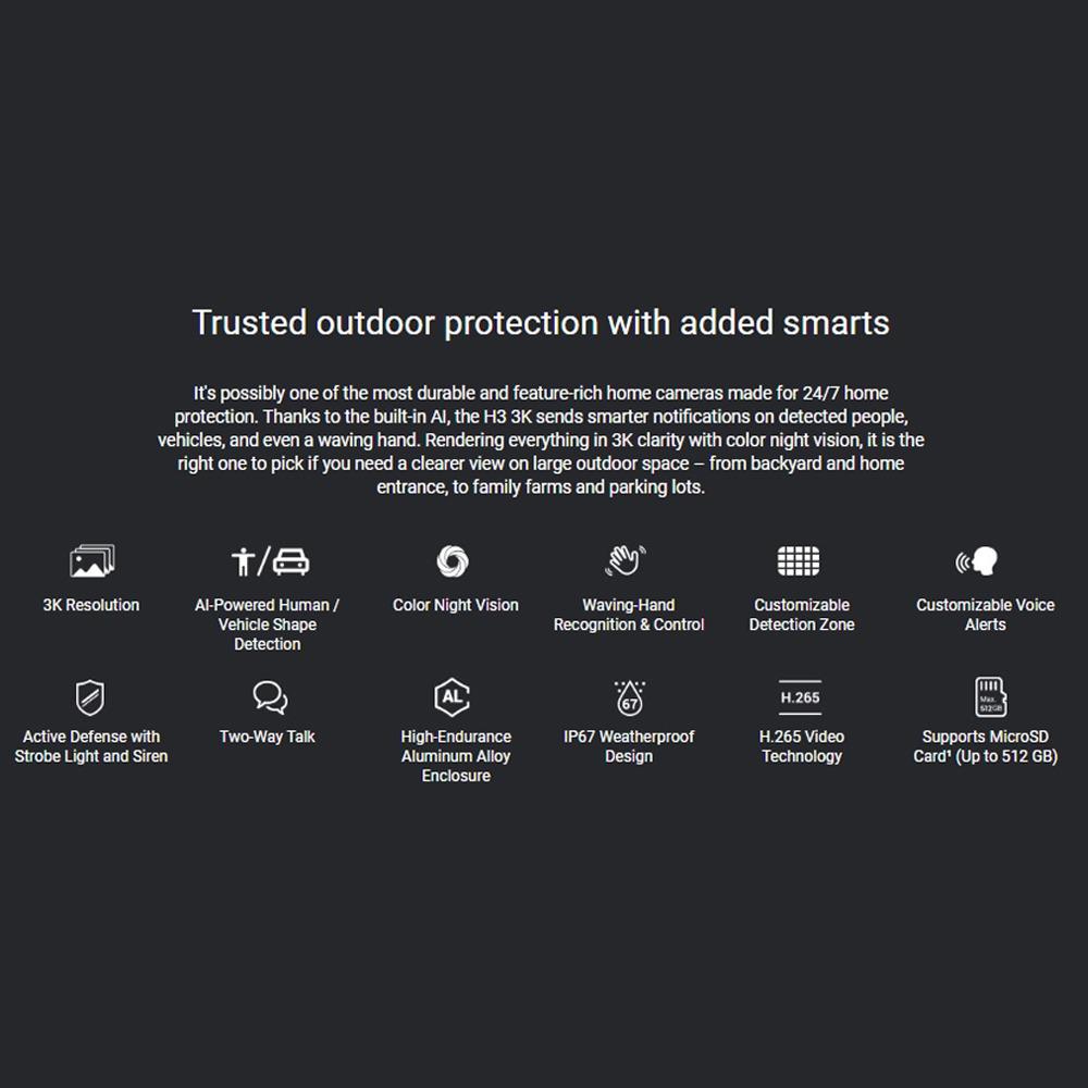 EZVIZ H3 5MP 3K Outdoor Smart Wi-Fi Camera Color Night Vision AI Human Detection IP67 Weatherproof