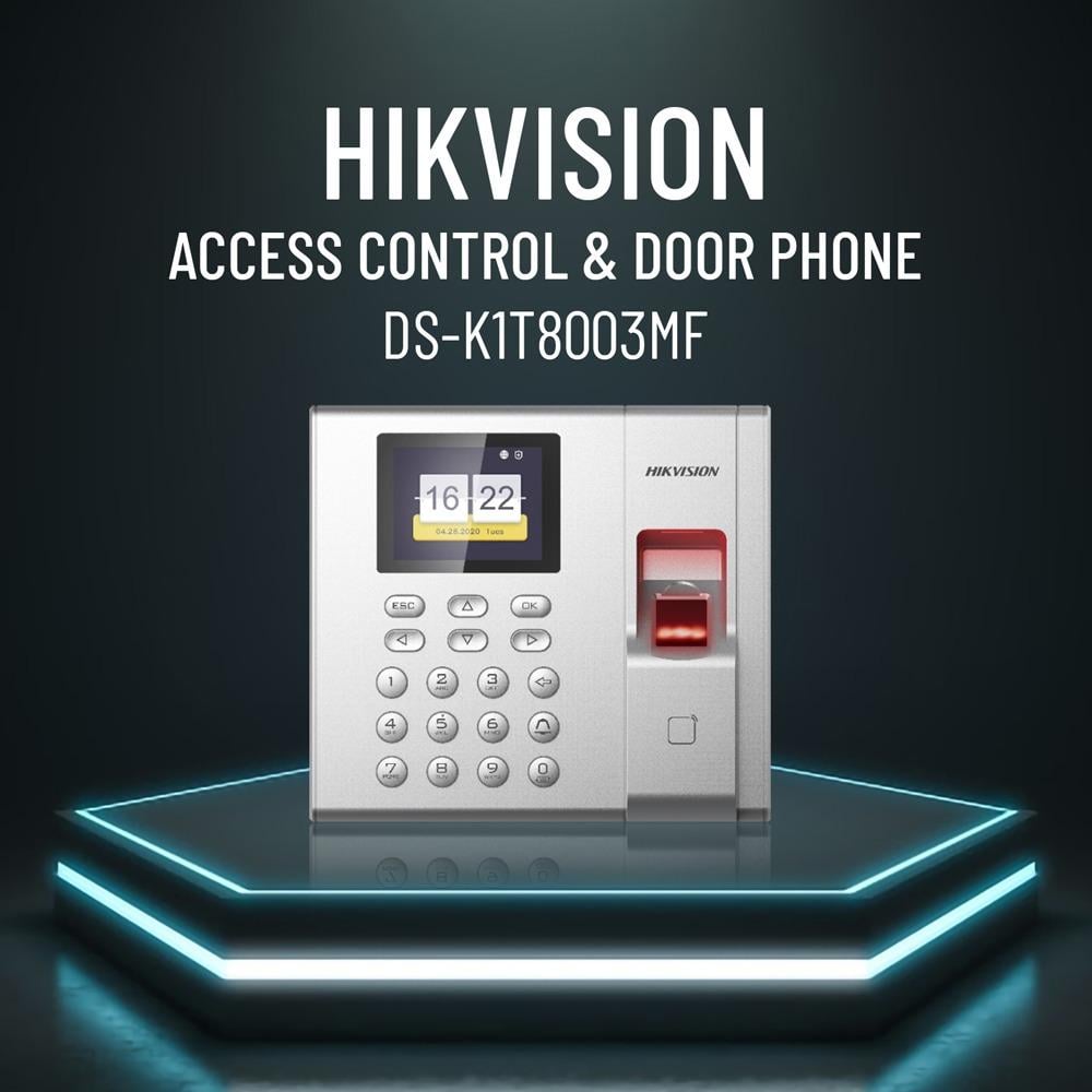 جهاز تحكم الدخول هيكفيجن DS-K1T8003MF – بصمة، بطاقة ميفار، ولوحة مفاتيح للحضور والإنصراف