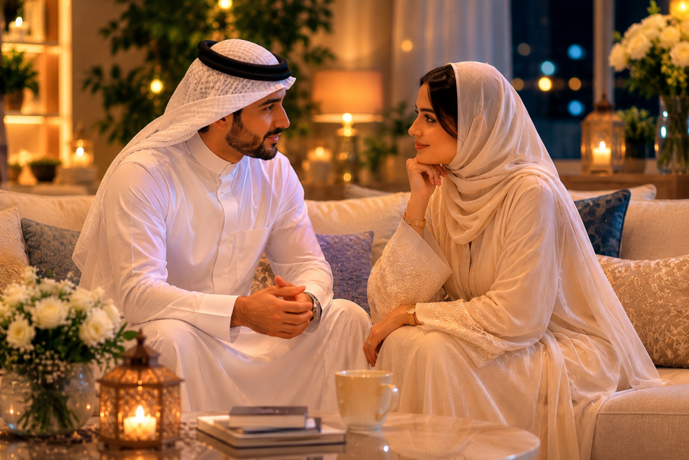 زوجان يتحدثان بهدوء في أجواء تعكس الثقة والتفاهم بينهما