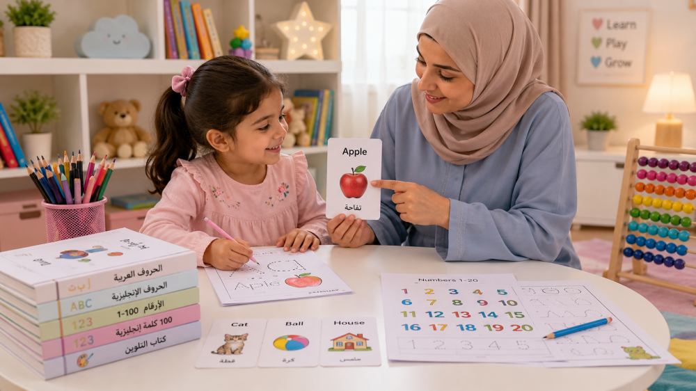 طفلة تتعلم كلمات إنجليزية مصورة مع والدتها