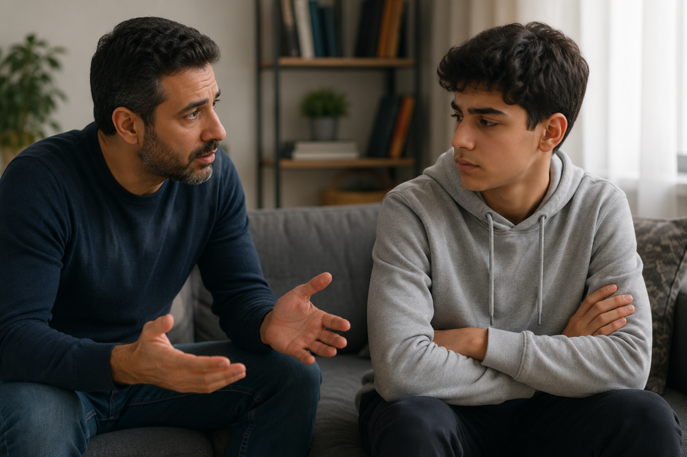 أب يتعامل بهدوء مع ابنه المراهق