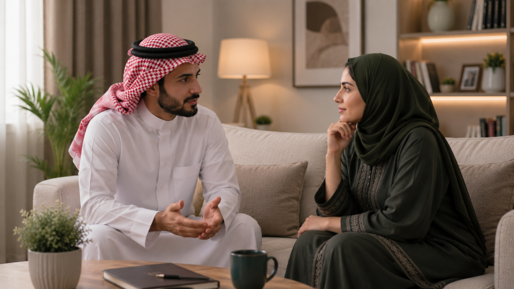 زوجان يتحاوران بهدوء في أجواء منزلية تعكس الفهم والوعي الزوجي